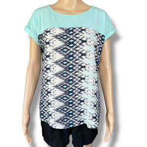 Jolt Womens Blouse Shirt Top Geo Print Pullover Short Sleeve Blue Teal Large